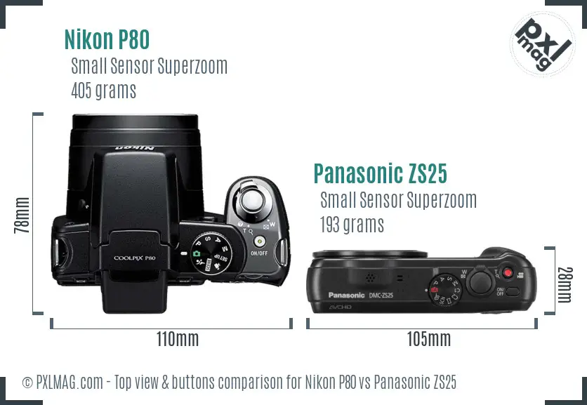 Nikon P80 vs Panasonic ZS25 top view buttons comparison