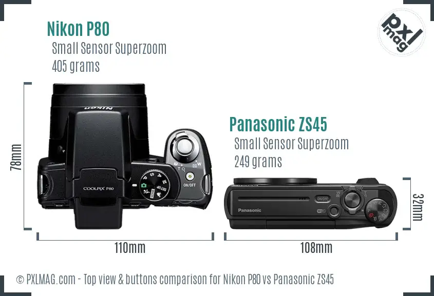 Nikon P80 vs Panasonic ZS45 top view buttons comparison Nikon P80 vs Panasonic ZS45 top view buttons comparison