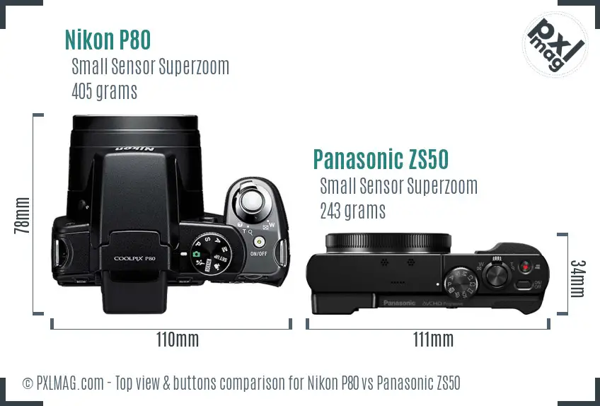 Nikon P80 vs Panasonic ZS50 top view buttons comparison