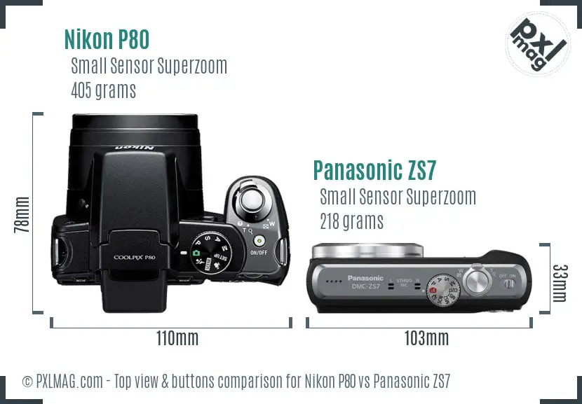 Nikon P80 vs Panasonic ZS7 top view buttons comparison