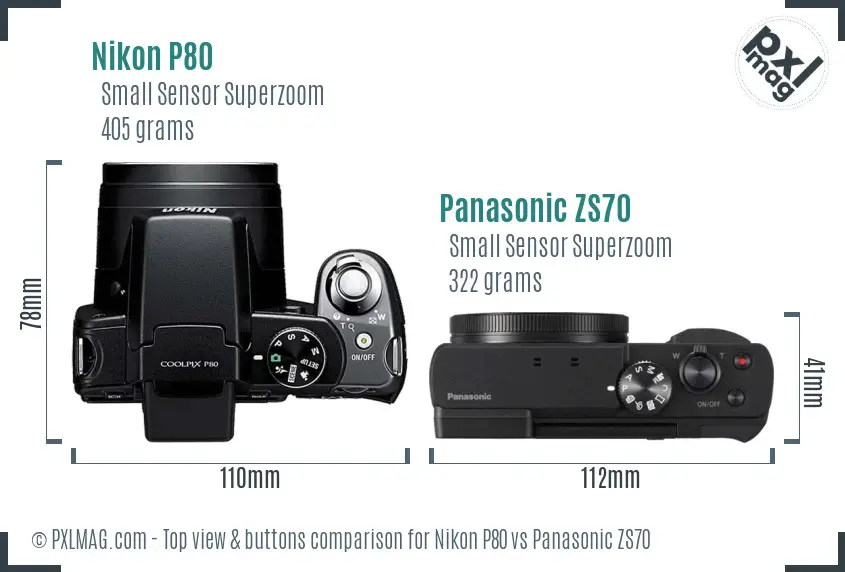 Nikon P80 vs Panasonic ZS70 top view buttons comparison
