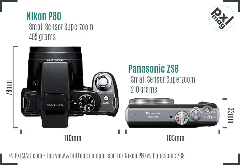 Nikon P80 vs Panasonic ZS8 top view buttons comparison