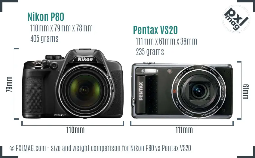 Nikon P80 vs Pentax VS20 size comparison