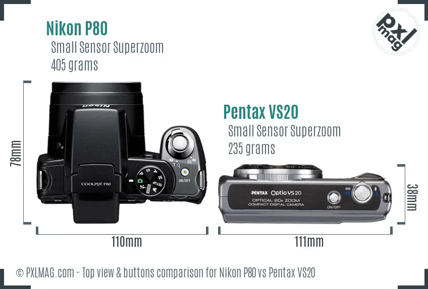Nikon P80 vs Pentax VS20 top view buttons comparison