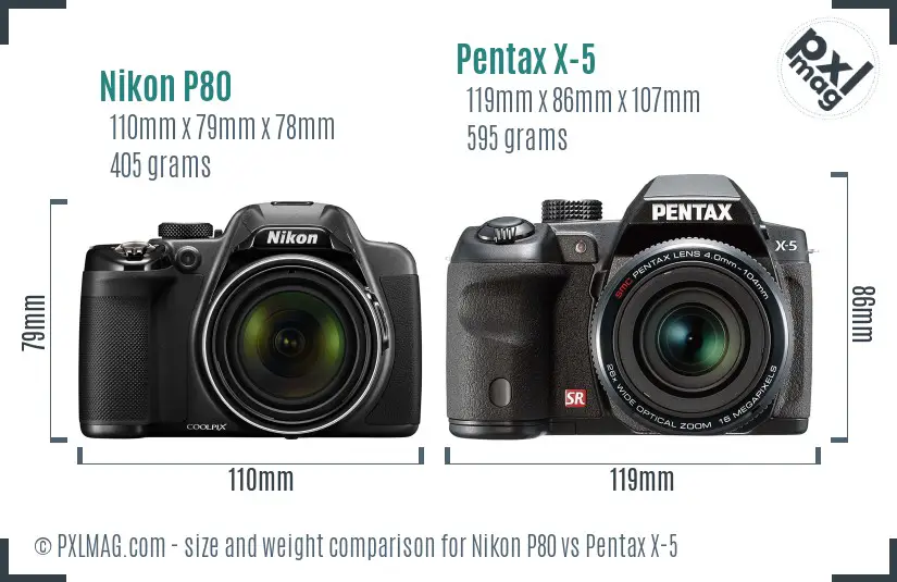 Nikon P80 vs Pentax X-5 size comparison Nikon P80 vs Pentax X-5 size comparison