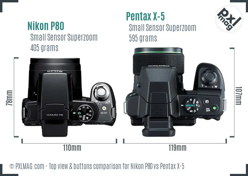 Nikon P80 vs Pentax X-5 top view buttons comparison Nikon P80 vs Pentax X-5 top view buttons comparison