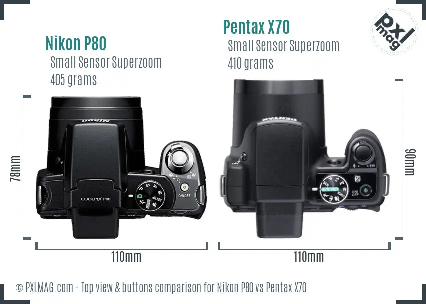 Nikon P80 vs Pentax X70 top view buttons comparison