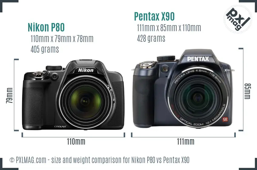 Nikon P80 vs Pentax X90 size comparison