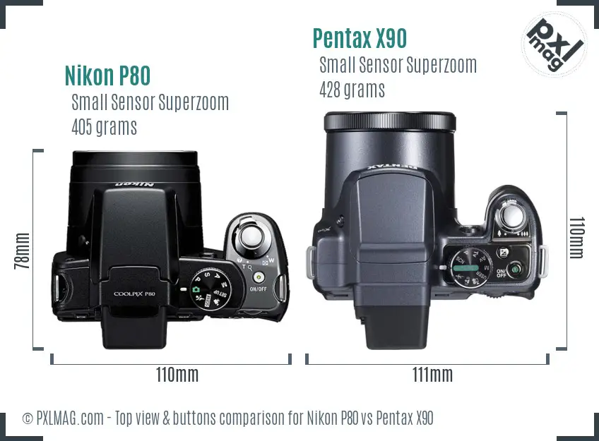 Nikon P80 vs Pentax X90 top view buttons comparison