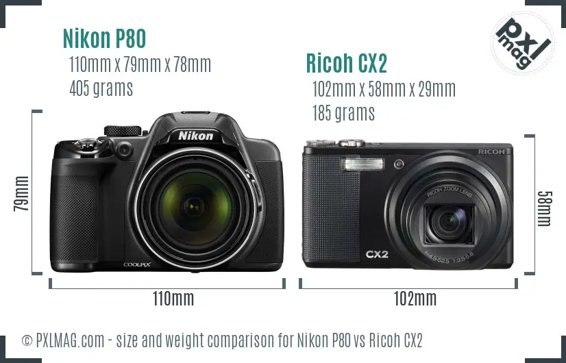 Nikon P80 vs Ricoh CX2 size comparison