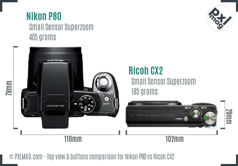 Nikon P80 vs Ricoh CX2 top view buttons comparison