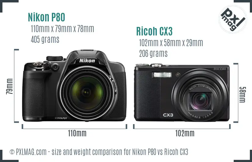 Nikon P80 vs Ricoh CX3 size comparison