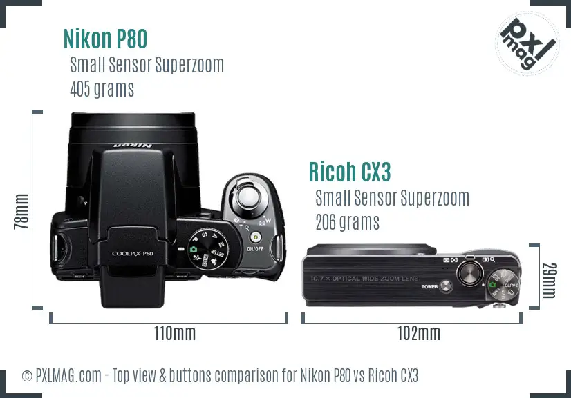 Nikon P80 vs Ricoh CX3 top view buttons comparison