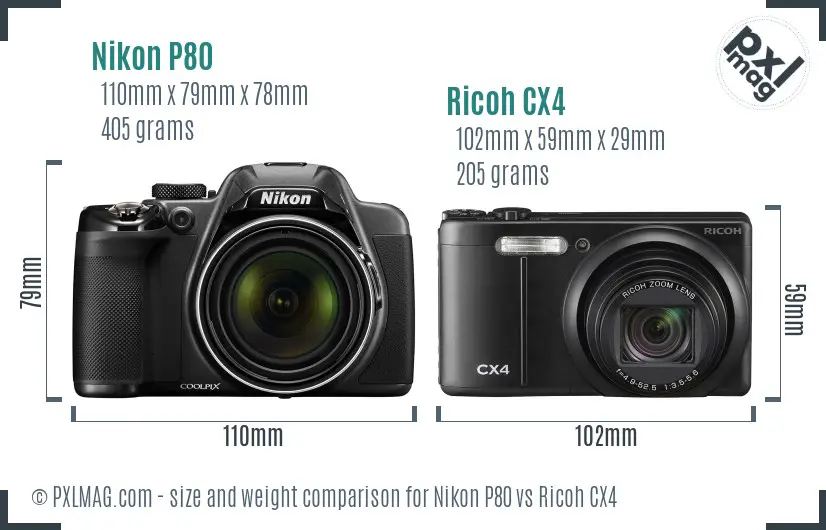 Nikon P80 vs Ricoh CX4 size comparison Nikon P80 vs Ricoh CX4 size comparison