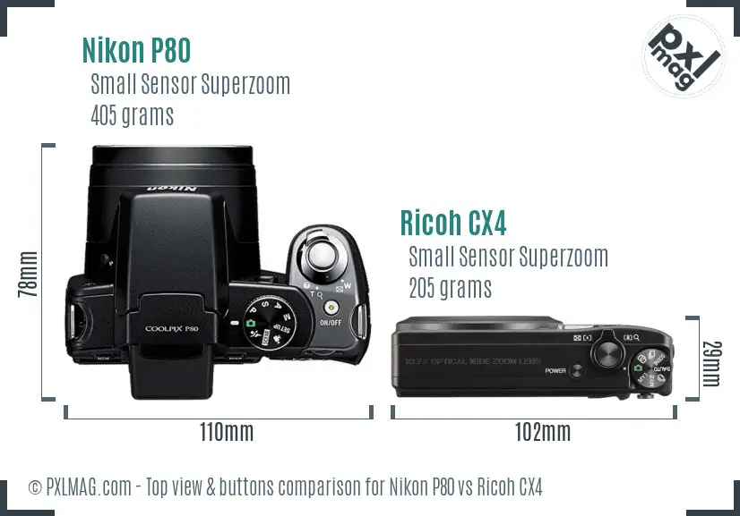 Nikon P80 vs Ricoh CX4 top view buttons comparison Nikon P80 vs Ricoh CX4 top view buttons comparison