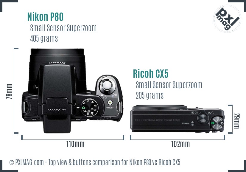 Nikon P80 vs Ricoh CX5 top view buttons comparison