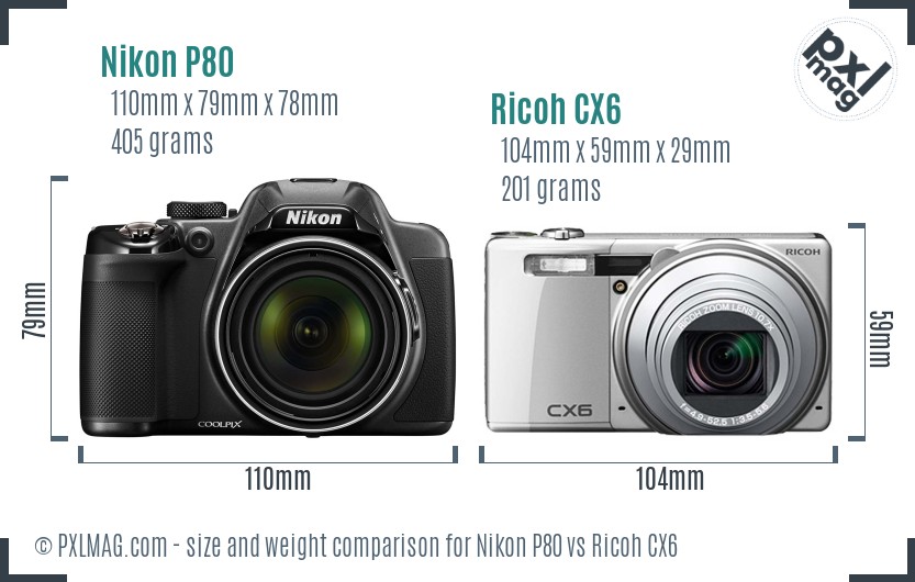 Nikon P80 vs Ricoh CX6 size comparison