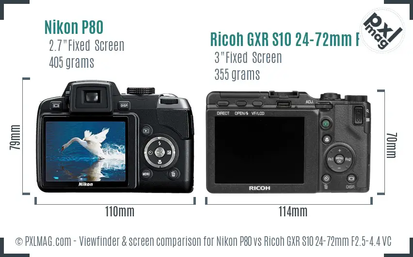 Nikon P80 vs Ricoh GXR S10 24-72mm F2.5-4.4 VC Screen and Viewfinder comparison