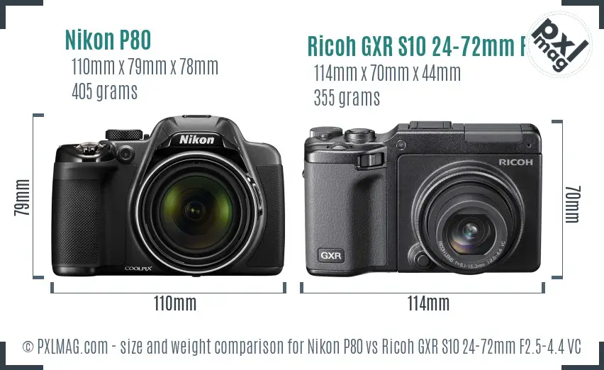 Nikon P80 vs Ricoh GXR S10 24-72mm F2.5-4.4 VC size comparison