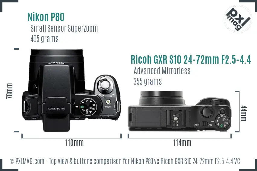 Nikon P80 vs Ricoh GXR S10 24-72mm F2.5-4.4 VC top view buttons comparison
