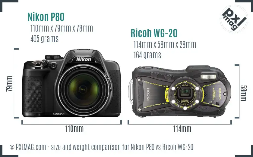 Nikon P80 vs Ricoh WG-20 size comparison