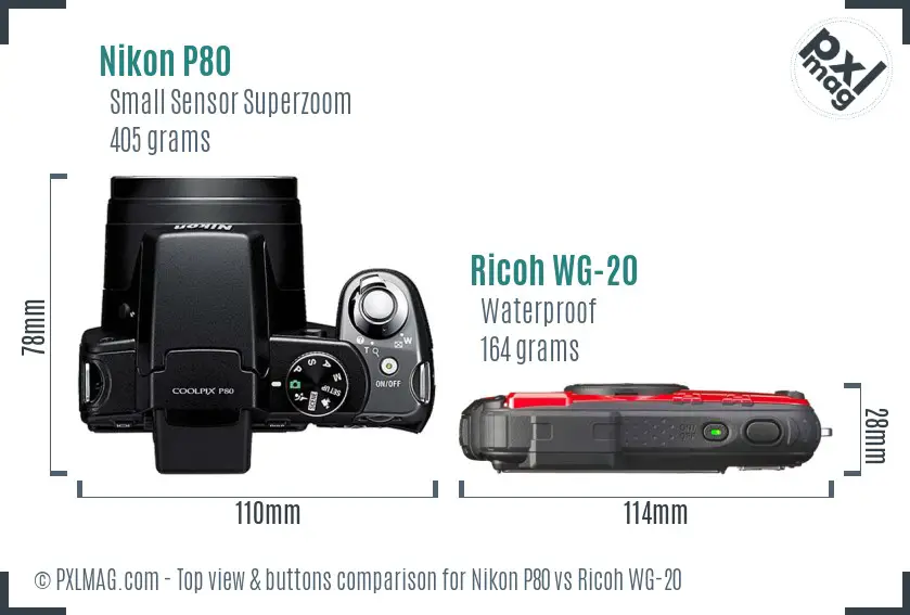 Nikon P80 vs Ricoh WG-20 top view buttons comparison