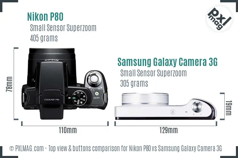 Nikon P80 vs Samsung Galaxy Camera 3G top view buttons comparison Nikon P80 vs Samsung Galaxy Camera 3G top view buttons comparison