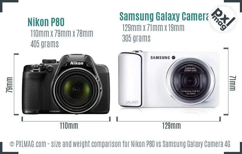 Nikon P80 vs Samsung Galaxy Camera 4G size comparison