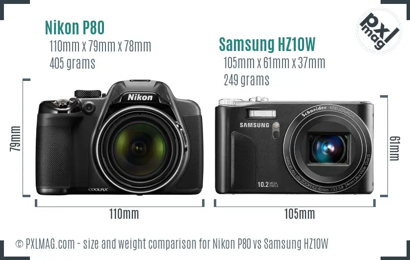 Nikon P80 vs Samsung HZ10W size comparison