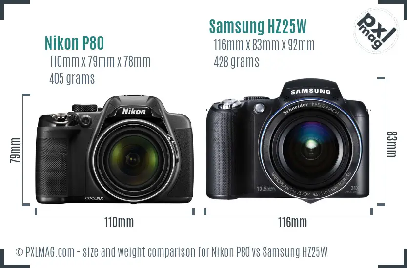 Nikon P80 vs Samsung HZ25W size comparison