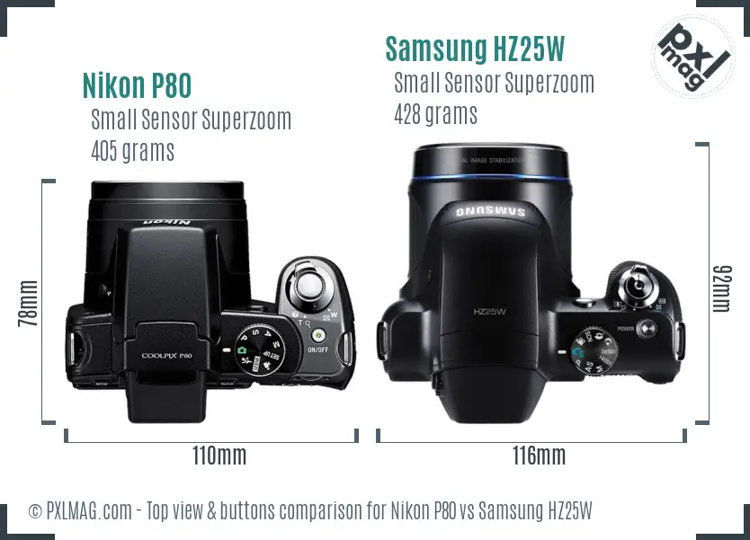 Nikon P80 vs Samsung HZ25W top view buttons comparison