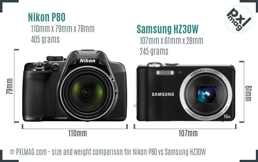 Nikon P80 vs Samsung HZ30W size comparison