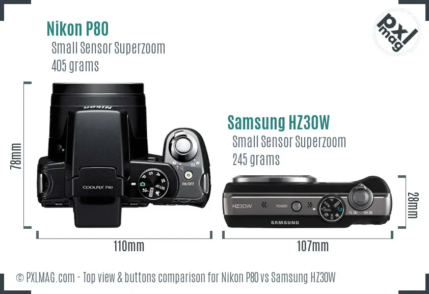 Nikon P80 vs Samsung HZ30W top view buttons comparison