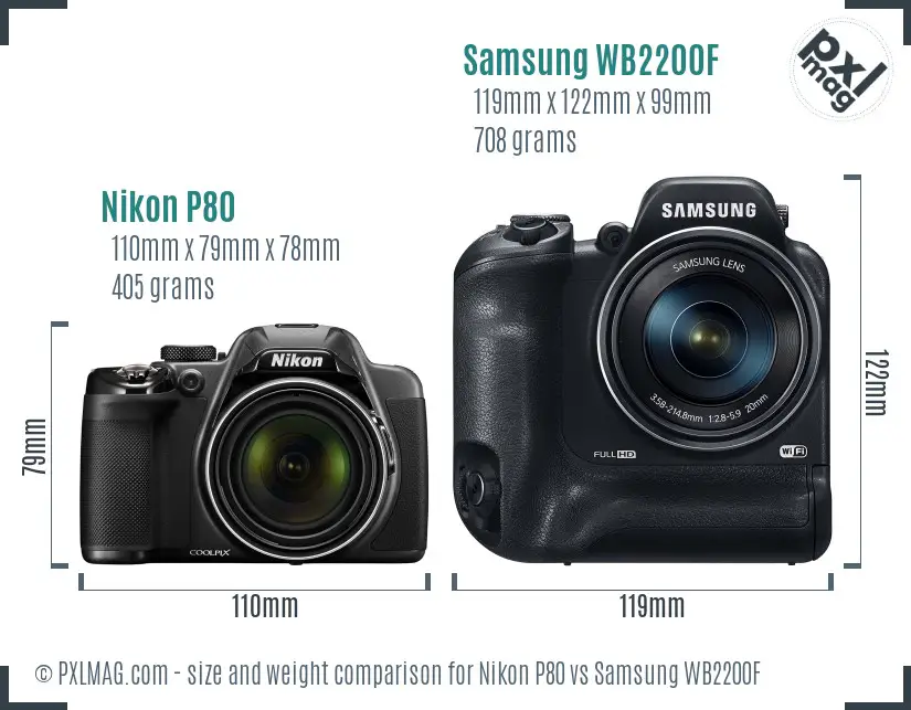 Nikon P80 vs Samsung WB2200F size comparison