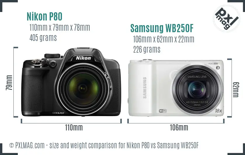 Nikon P80 vs Samsung WB250F size comparison