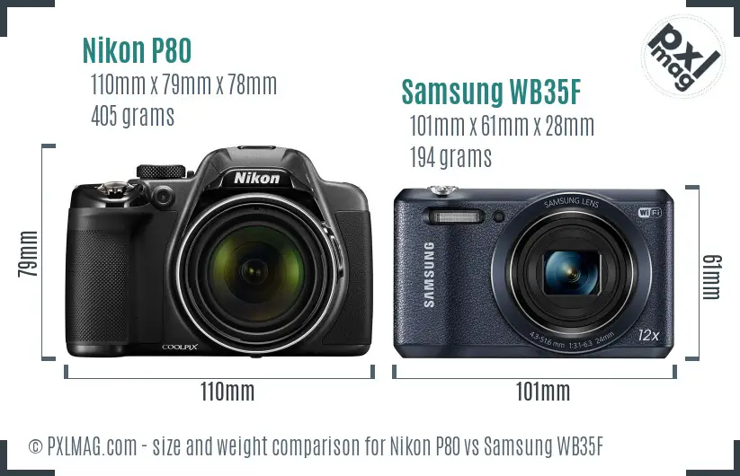 Nikon P80 vs Samsung WB35F size comparison