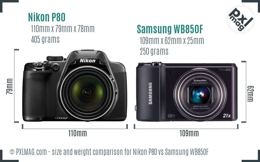 Nikon P80 vs Samsung WB850F size comparison