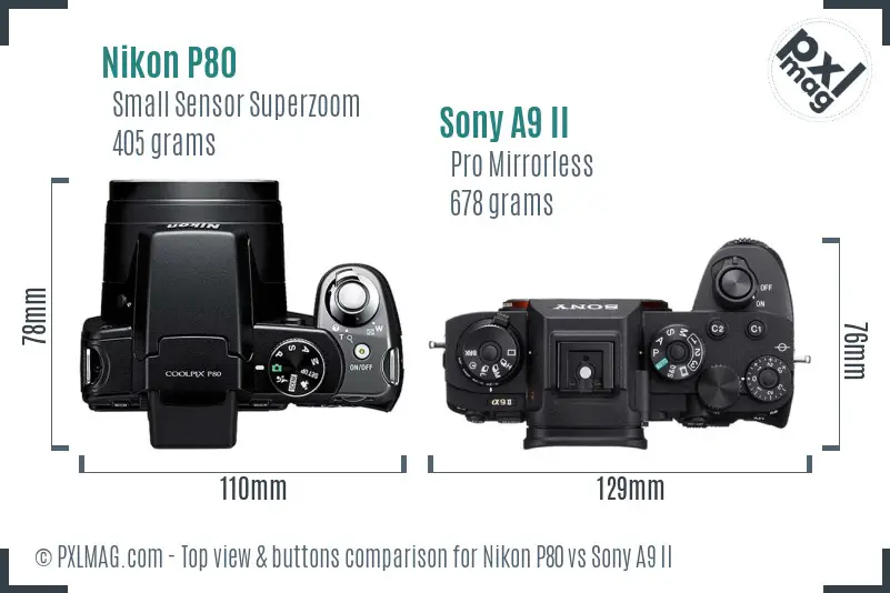 Nikon P80 vs Sony A9 II top view buttons comparison
