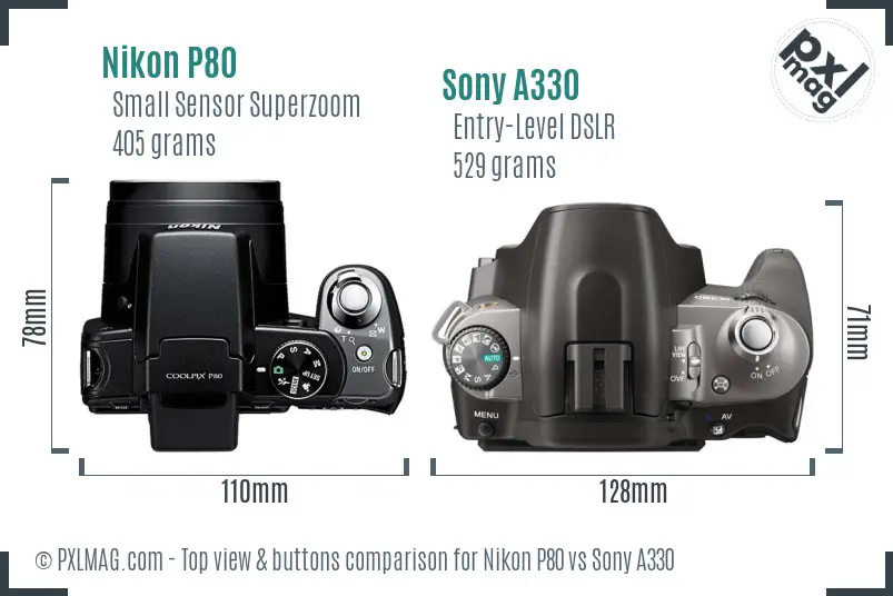 Nikon P80 vs Sony A330 top view buttons comparison