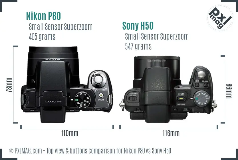 Nikon P80 vs Sony H50 top view buttons comparison Nikon P80 vs Sony H50 top view buttons comparison