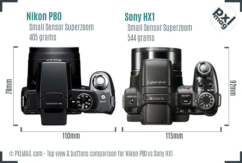 Nikon P80 vs Sony HX1 top view buttons comparison