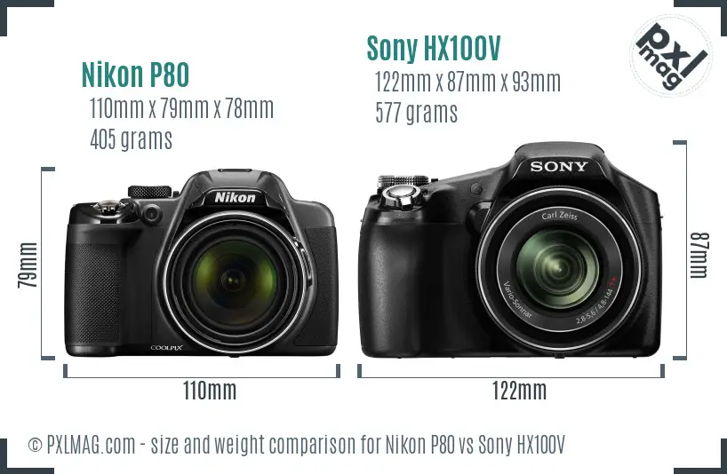 Nikon P80 vs Sony HX100V size comparison