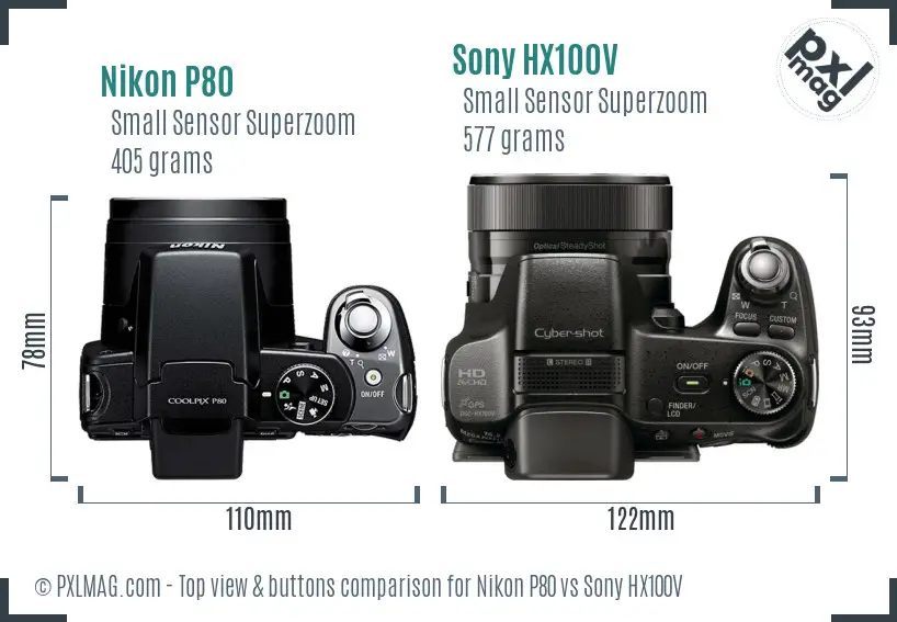 Nikon P80 vs Sony HX100V top view buttons comparison