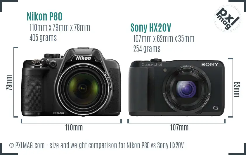 Nikon P80 vs Sony HX20V size comparison