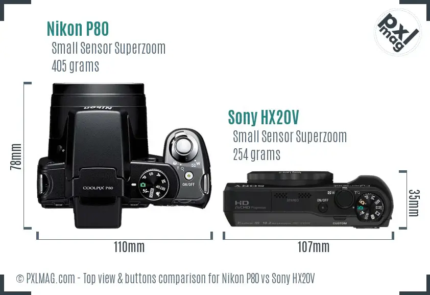 Nikon P80 vs Sony HX20V top view buttons comparison