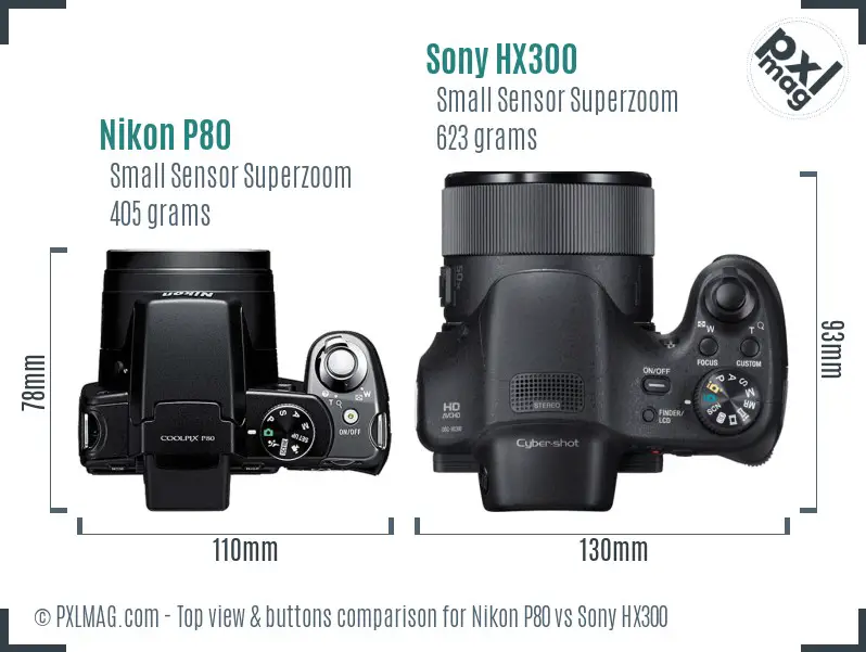 Nikon P80 vs Sony HX300 top view buttons comparison Nikon P80 vs Sony HX300 top view buttons comparison