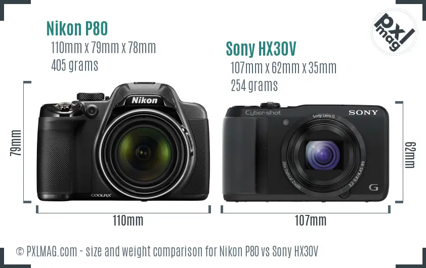 Nikon P80 vs Sony HX30V size comparison