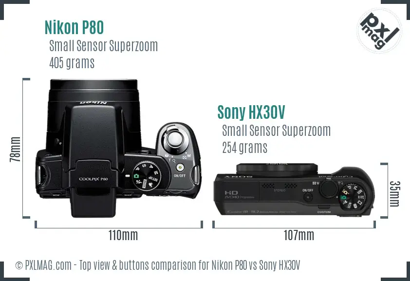 Nikon P80 vs Sony HX30V top view buttons comparison