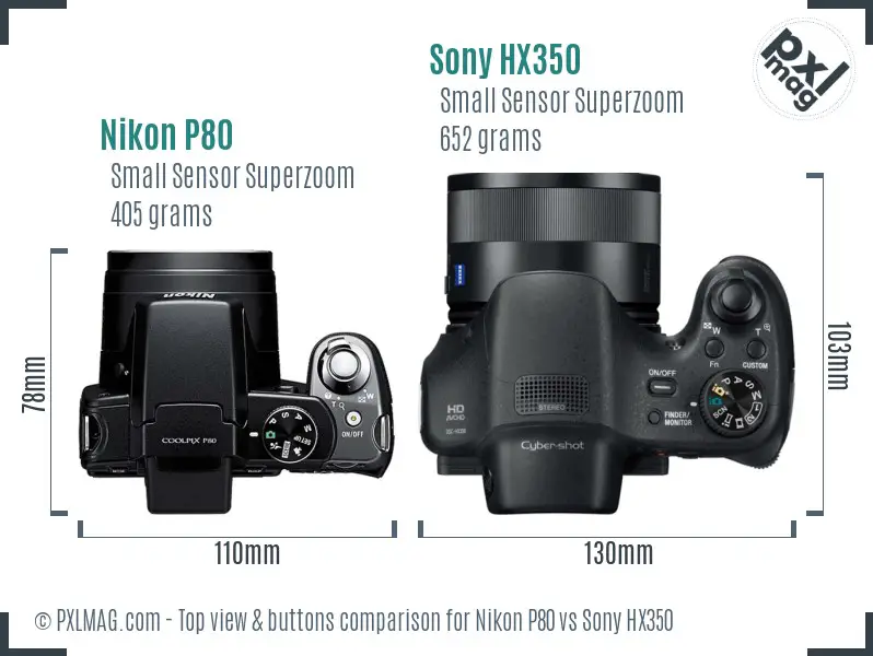 Nikon P80 vs Sony HX350 top view buttons comparison
