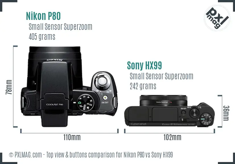Nikon P80 vs Sony HX99 top view buttons comparison